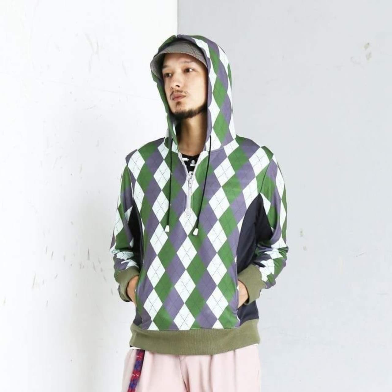 Argyle Half Zip Hoodies〈Olive Mix〉