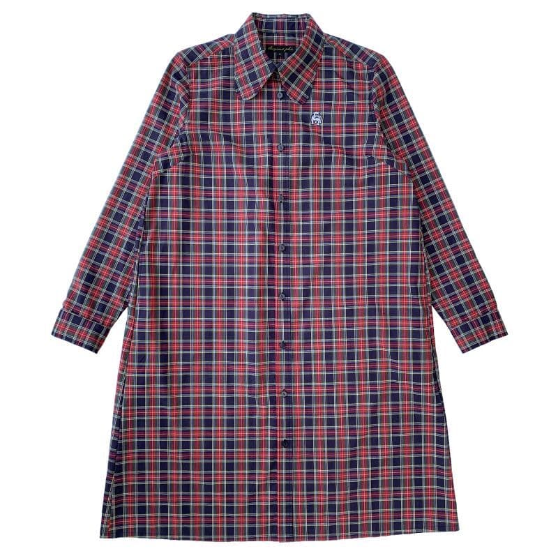 タータンチェック柄ビーグルカラーのシャツワンピース Navy×Red 正面