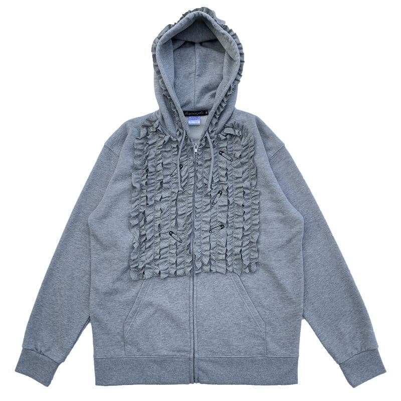 前面にフリルをあしらったジップアップフーディ Grey 正面