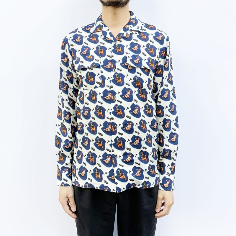 Original John(オリジナル ジョン) | ピンナップガール柄を全面にプリントした男心をくすぐる長袖オープンカラーシャツ〈Ivory〉 - Sopwith camel