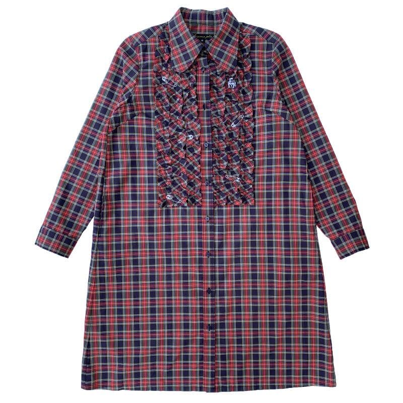 タータンチェック柄フリルシャツワンピース Navy×Red 正面