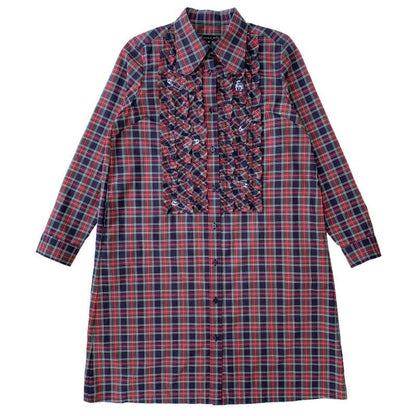 タータンチェック柄フリルシャツワンピース Navy×Red 正面
