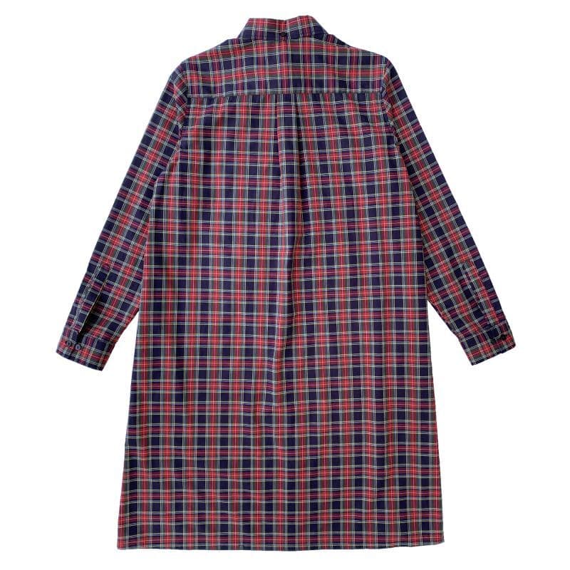 タータンチェック柄フリルシャツワンピース Navy×Red 背面