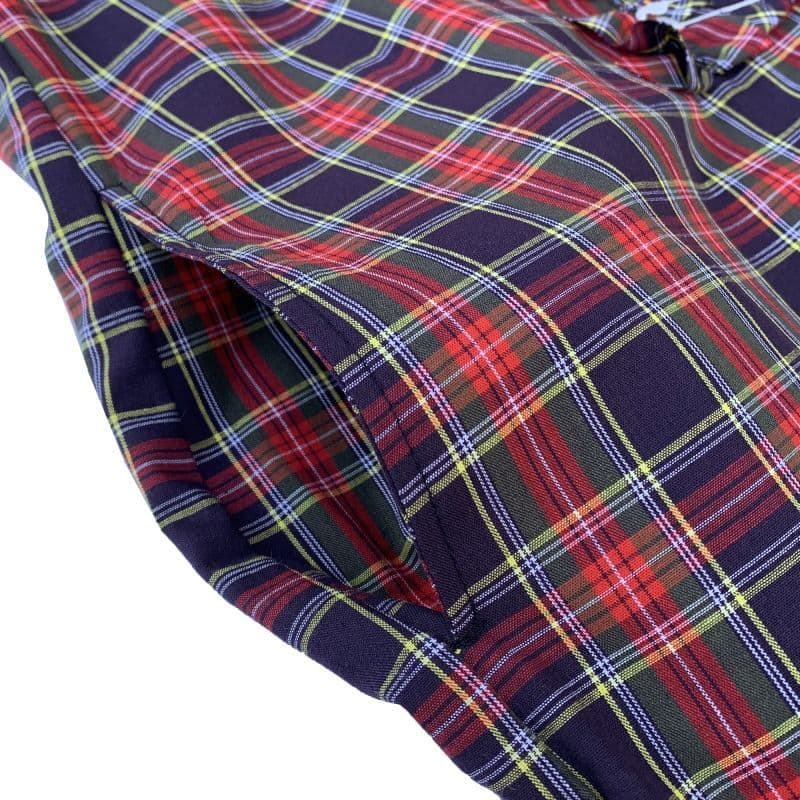 タータンチェック柄フリルシャツワンピース Navy×Red 正面 スリットポケット