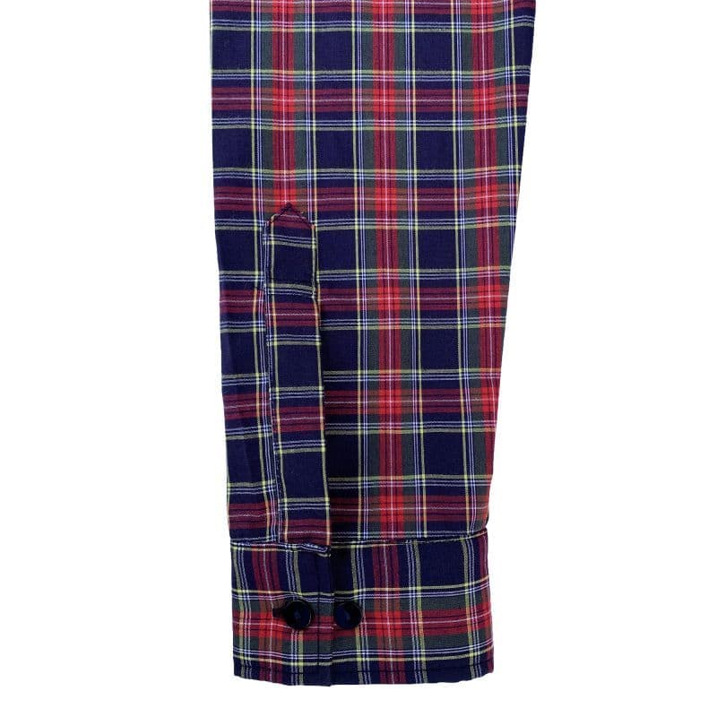 タータンチェック柄フリルシャツワンピース Navy×Red 袖