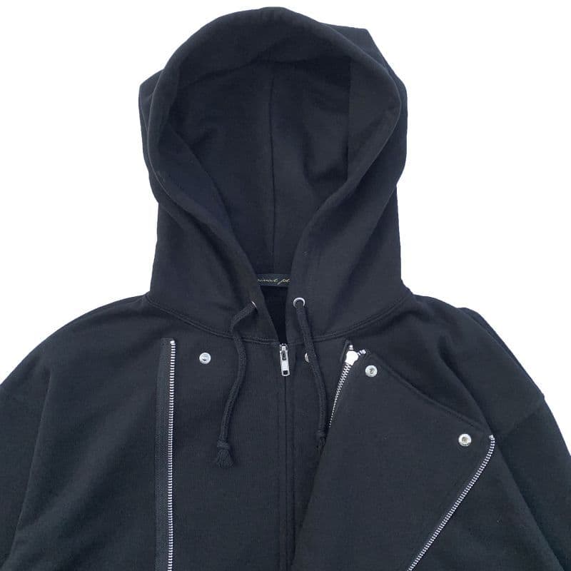 ライダースジャケット風ジップアップフーディ Black 正面 Zip アレンジ
