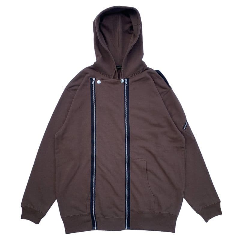 ライダースジャケット風ジップアップフーディ Brown 正面