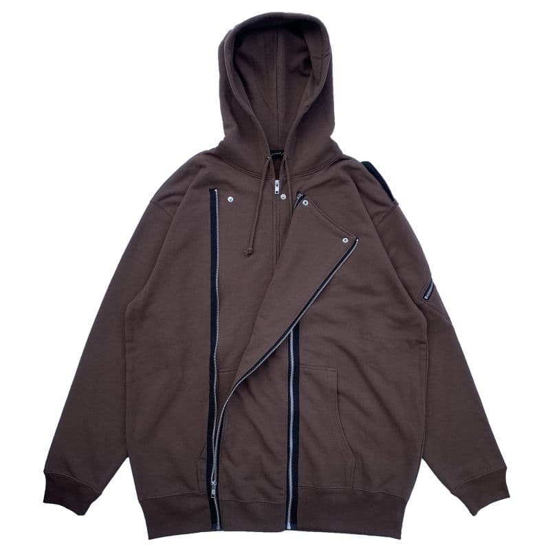 ライダースジャケット風ジップアップフーディ Brown 正面 ジップ オープン