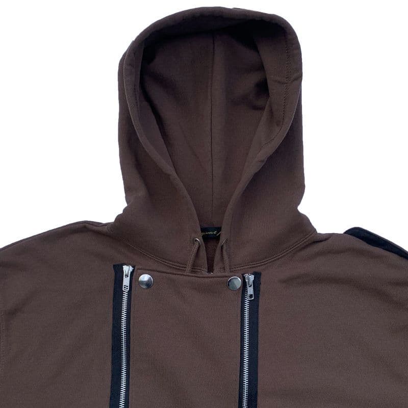 ライダースジャケット風ジップアップフーディ Brown 正面 フード