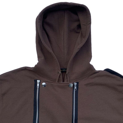 ライダースジャケット風ジップアップフーディ Brown 正面 フード