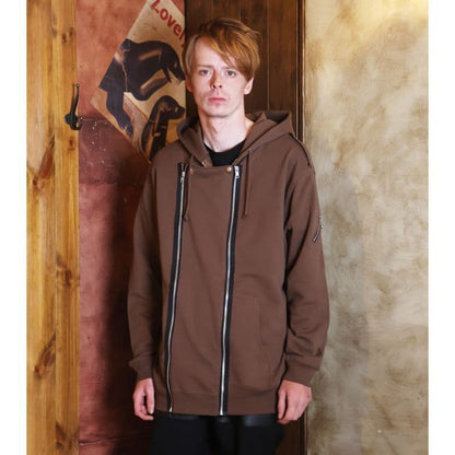 ライダースジャケット風ジップアップフーディ Brown 着用画像 正面