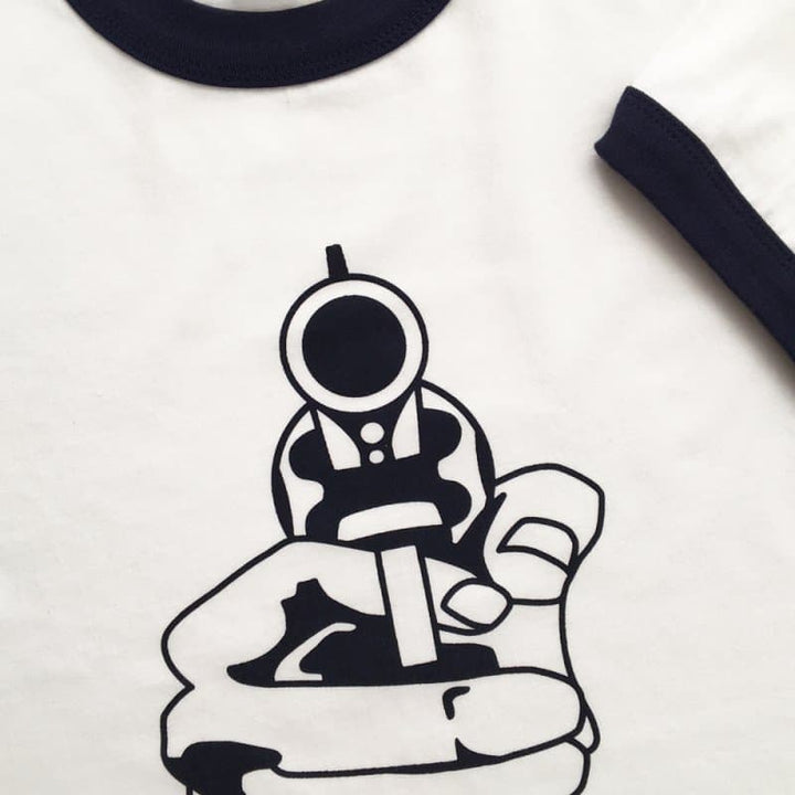 POP GEAR | "Keith Moon Pistol" リンガーTシャツ〈White×Navy〉トリムTシャツ/パイピングTシャツ - Sopwith camel